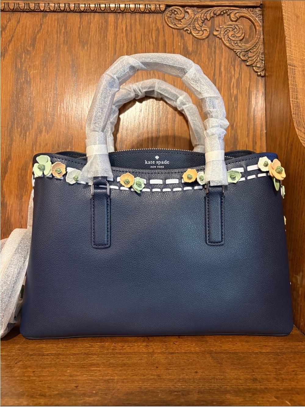 NWT-Kate Spade-Thompson Street-Floral Appliqué Medium Satchel-Parisian Navy-$469